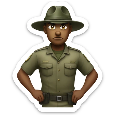 drill sergeant character wearing a classic sergeant hat and a camouflage army shirt. The character should have an angry intense expression. full torso sticker