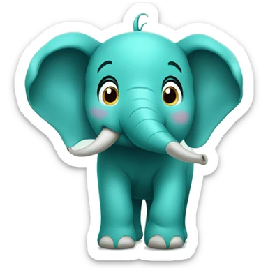 A surprised Teal elephant with trunk in the air and smiling sticker