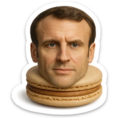 realistic macaron pastry with the shell resembling Emmanuel Macron's face, subtle details sticker