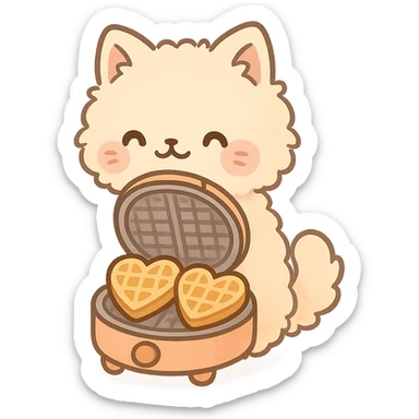 chibi soft fluffy cat as a waffle maker, showing heart-shaped waffles, pastel orange, full-body sticker