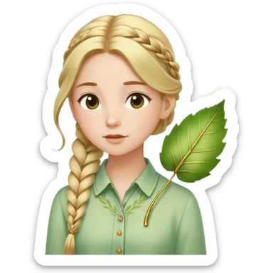  A girl with a long braid, a golden hairpin shaped like a leaf, and a light green blouse, breathing in the spring air. sticker