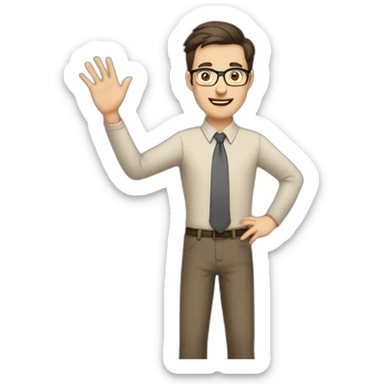 To belt Actively gesturing with hands Pale skinned fit man teacher with dark brown hair in gray jacket, beige office shirt, brown tie, brown pants and vintage glasses. sticker