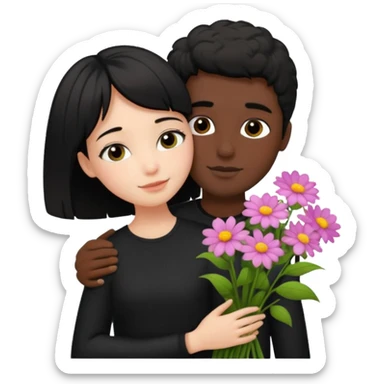 a pretty bratz fair girl with short black shaggy hair with a tall boy hugging her and flowers wearing black  sticker
