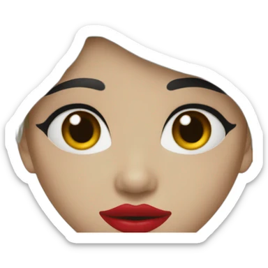 straight black hair,red lipstick,black eyes, white skin and a small nose sticker