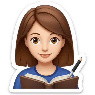happy woman with brown hair writing a book sticker