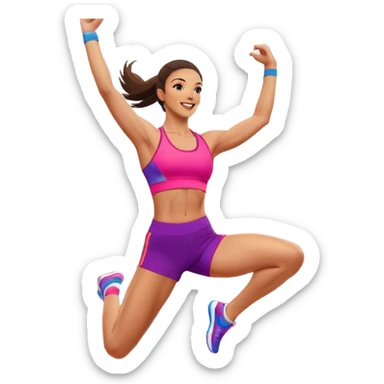 Professional aerobics performer mid-jump with arms extended, showcasing energy, flexibility, and coordination. The background features a vibrant gym setting with fitness equipment and bright colors, capturing the dynamic motion of aerobics. sticker