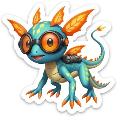 Bluish Splash-patterned emotional sparky sparky boom boom painful Meloetta-Guilmom-Salandit-Flygon-Pokémon-Fakémon-fusion-hybrid-creature with orange goggles on eyes sticker