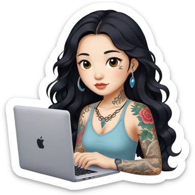 beautiful girl, with tattoos, with long black hair, wavy hair, chinese, with laptop sticker