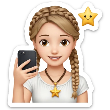 a girl wearing cute white top with a braid outing in the camera as a selfie and a star necklace in the neck  sticker