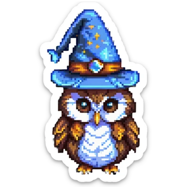 owl with a wizard hat pixel art sticker