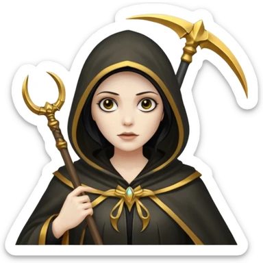 woman grim reaper in a gold cloak with scythe sticker