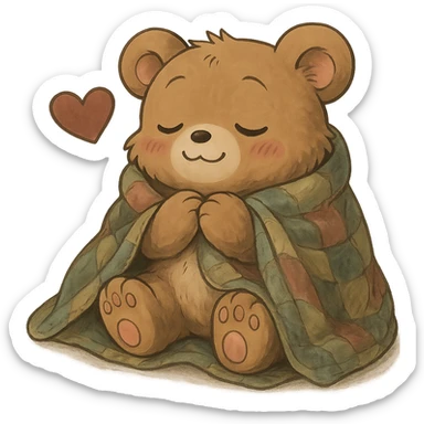 Add a cozy blanket to the anime style cute bear showing love, keep the background transparent sticker