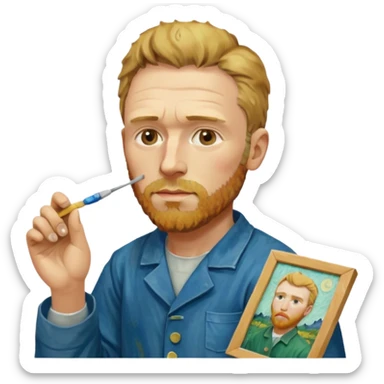 van gogh paints on a canvas. On his right he has a band-aid sticker