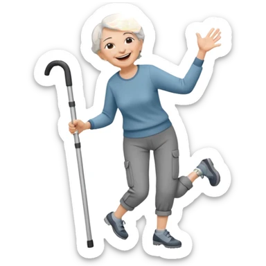 old woman with short hair, dressed with pants, langhing and dancing with crutches sticker