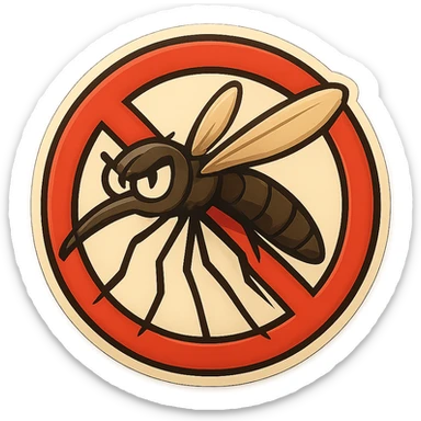 Remove the background so the mosquito with the red prohibition sign is on a transparent background, keeping the clean cartoon style of retro stickers. sticker