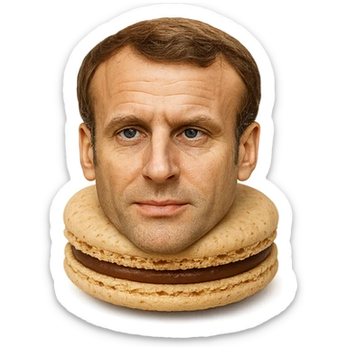 realistic macaron pastry with the shell resembling Emmanuel Macron's face, subtle details sticker