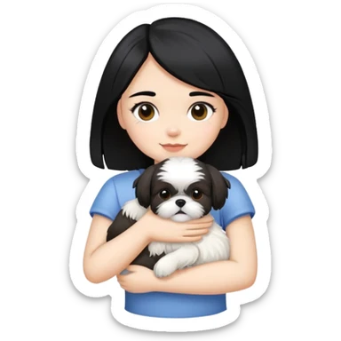 A girl with black hair hugging a Shih Tzu dog sticker