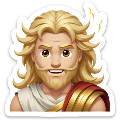Cinematic Realistic Thor Portrait, head tilted dramatically with an exaggeratedly amused expression, featuring lively, twinkling eyes and a subtle, roguish grin. His fair, radiant skin and long, wavy golden hair, rendered with classical precision, complement his draped white toga adorned with delicate golden details and mythic lightning hints, all brought to life with dynamic lighting that captures both his divine power and playful, approachable charm. sticker