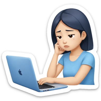 Create an emoji of a tired girl of Asian descent in a baby blue top, sitting at a laptop, looking exhausted and frustrated. They have slouched posture, representing overwork and burnout. sticker