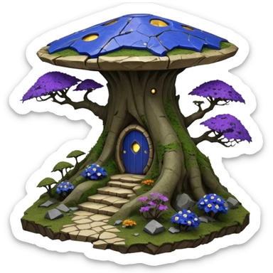 Crashed Alien saucer-castle jungle winding footpath mountainside getaway haunted nighttime hobbit landscape antique mudman very old broken cracked intricate Stone Age lapis-crusted irregular dodecagon-shaped shallow dark moss rough bark violet flowered maple treehouse bonsai sticker