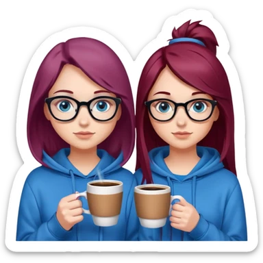 Two girls standing together wearing blue hoodies holding coffee, one girl has burgundy hair, blue eyes and pretty eyelashes. One girl has brown hair , glasses and brown eyes. sticker