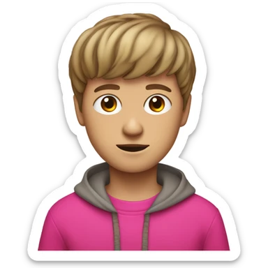 white boy Boy with a birdnest type haircut, brown bowl-cut wearing bright pink clothes  sticker