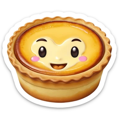 Create an emoji-style illustration of a Portuguese Pastel de Nata. It should be a small, individual custard tart with a flaky, layered puff-pastry crust and a glossy yellow custard center with dark caramelized spots on top. Do NOT make a full pie or slice only a single small tart sticker