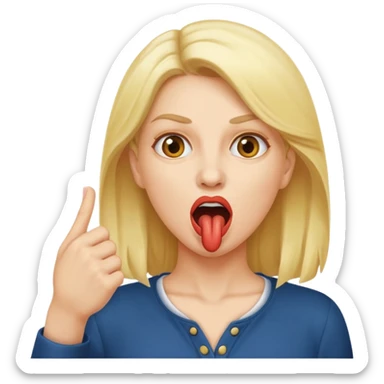 A woman pointing at her mouth with mouth open to indicate hungry sticker