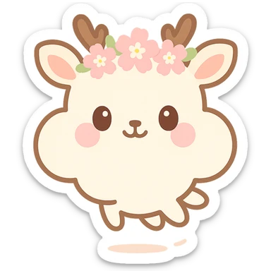 graceful vanilla cloud doe with rosy cheeks, cherry blossom crown, floating, brand identity mascot for social media sticker