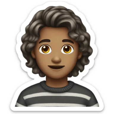 teenager boy brown long wavy hair and dark gray striped sweater sticker