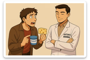 fai un webtoon manga a colori con questo stile, in cui un uomo fa una domanda al kinesiologo con il camice bianco (fagli anche la scritta "ANTONIO ANANIA" SUL CAMICE, l'uomo chiede una cosa mostrando un formaggio e uno yogurt al kinesiologo con il camice, IL KINESIOLOGO annuisce e SPIEGA ALL'UOMO UNA cos. L'UOMO ha un ESPRESSIONE CONFUSA IN VOLTO. non fare i fumetti però, fai solo in modo che sembri stiano parlando sticker