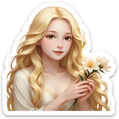 Cinematic Realistic Rapunzel Portrait, with porcelain-like skin featuring a subtle, natural glow, illuminated by soft lighting that brings out the gentle contours of her face. Her long, golden blonde hair cascades in detailed waves, each strand highlighted with a radiant shimmer as it catches the light. She playfully holds a flower in one hand, her other hand resting casually in her lap, with a warm and spirited expression. Her bright, expressive green eyes exude curiosity and warmth, framed by delicate lashes and soft, arched brows. She is dressed in her classic lavender and pink gown, the fabric textured with delicate folds that flow naturally, catching the light with a soft, radiant glow. The portrait captures a luminous, enchanting aura, seamlessly blending realism with a whimsical, fairytale charm, evoking a timeless sense of beauty and magic. sticker