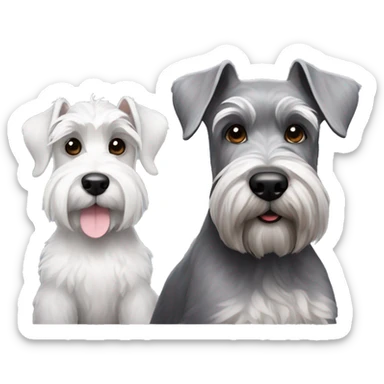 A big gray schnauzer with dark eyes next to a small all white puppy schnauzer sticker