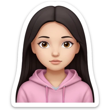 A pretty girl with light skin and long straight black brown hair, wearing a very light pink basic hoodie with brown eyes and makeup and a round face sticker