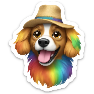 multi-colored dog, with rainbow fur, with a human face, in a hat, smiling sticker