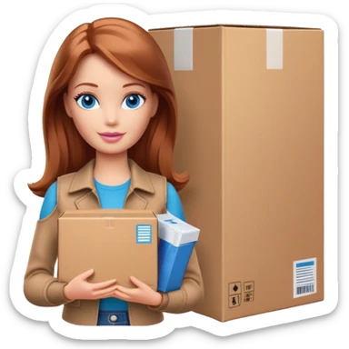 Barbie with shoulder-length reddish-brown hair in brown clothes holds a package box, blue eyes sticker