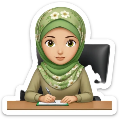 Turkish beautiful finish Konya girl green khaki hijab and light green floral dress and she work on office sticker