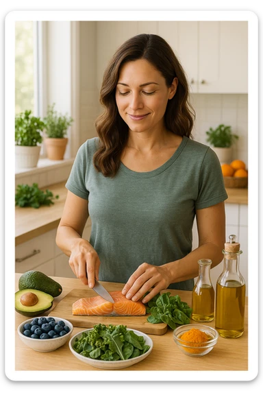 Donna tra i 30 e i 40 anni in una cucina luminosa, serena e sorridente, mentre prepara un pasto a base di cibi antinfiammatori: avocado, mirtilli, salmone selvaggio, verdure a foglia verde, olio d’oliva, curcuma. Il piano cucina è ordinato, ricco di colori naturali. Sullo sfondo: erbe fresche, frutta, una tisana allo zenzero. La donna appare in forma, rilassata e consapevole delle sue scelte. Atmosfera calda e armoniosa, luce naturale. Stile realistico, tono positivo e ispirazionale sticker