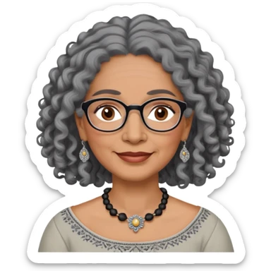 Latina woman, about 55 years old, dark warm brown skin, round soft face, long curly black and gray hair, no headband, medium eyes, thin eyebrows, gentle smile, delicate eyeglasses, gray peasant blouse with embroidery, bare shoulders, large dark necklace sticker