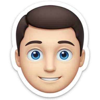 Cute 3D emoji of a smiling man with short dark hair and blue eyes, round face, simplified features, oversized glossy eyes, soft gradient shading, pastel tones, clean vector style, smooth edges, minimal background, transparent PNG, sticker icon sticker