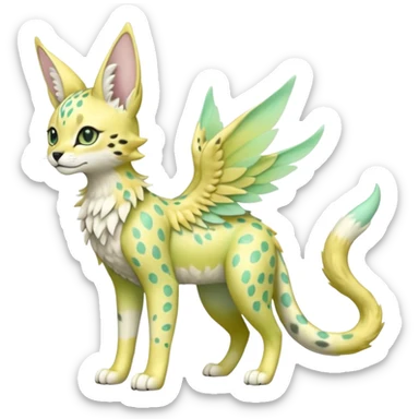 Epic complex detailed pastel minty green, pastel beige yellow pastel realistic aesthetic-scenic-Fakémon-Sprigatito-Floragato-Trico-Sergal-Serval-Vernid-creature (full body) with far wings, shiny sparkly fairycore theme  sticker