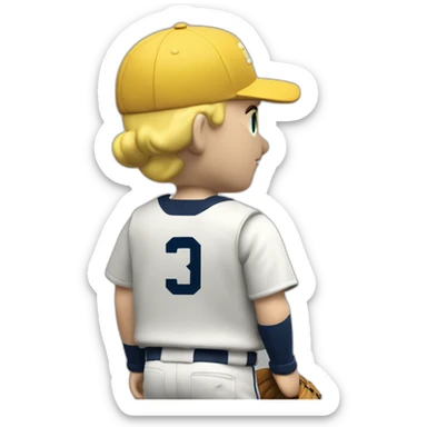 Blonde male baseball player. From back looking over shoulder. Name on back of uniform is C-Rob with a number 4 sticker