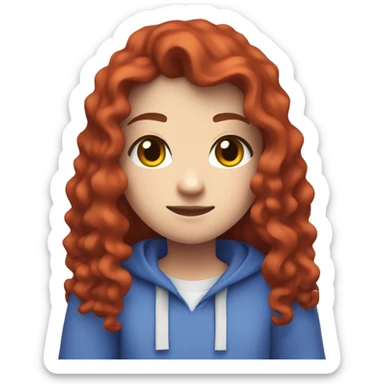 a white girl with long red curly hair, wearing periwinkle Minecraft hoodie playing a videogame sticker