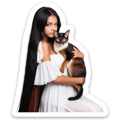 beautiful girl with long black hair in a white dress cuddling an Abyssinian cat with reddish-brown fur sticker