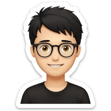 a light tan handsome boy with messy a black hair and spectacles. wearing a black tshirt sticker