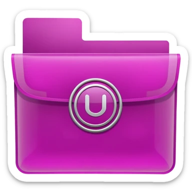A translucent magenta plastic folder with rounded corners, elastic string and button closure, subtle transparency, and a small university/academic symbol on the front. sticker