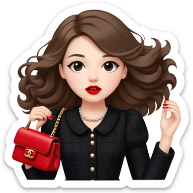 White girl with brown long hair dressed up in black chanel tweed dress carrying a red chanel bag and wearing red lipstick. Close up shot with wind blowing her hair looking fancy sticker