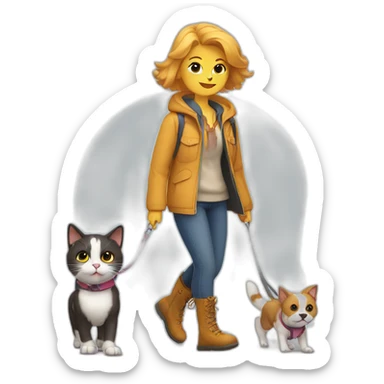 A cat wearing jacket and boots walking with a dog in the park sticker