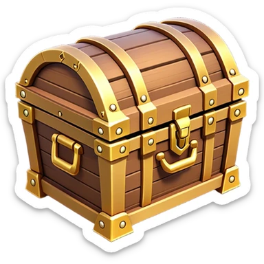 Clash of Clans aesthetic: Cinematic Playful 3D Isometric Treasure Chest Emoji, rendered in a 3D vector-style similar to standard emojis with minimal shading and bold, simplified shapes. A compact, distinct form with signature details, softly glowing with a fantasy RPG magic charm. Simplified yet unmistakably iconic, highly detailed and consistent, glowing with a soft radiance and high shine. Stylized with a touch of heroic grandeur and a soft glowing outline, capturing the essence of a beloved gaming relic with a friendly, playful manner! sticker