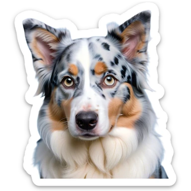 Cinematic Meme-Worthy Grumpy Blue Merle and White Australian Shepherd Portrait Emoji, Head held high but eyes filled with dramatic disappointment, smooth blue merle fur with stark white patches, deeply furrowed brow forming an unmistakable scowl, floppy ears slightly angled back in disapproval, piercing blue eyes glaring with pure exasperation, Simplified yet hilariously over-exaggerated features, highly detailed, glowing with an aura of supreme annoyance, high shine, exhausted yet judgmental, stylized with an almost regal pettiness, bright but brooding, soft glowing outline, capturing the essence of a pup that has seen it all and is thoroughly unimpressed, so meme-worthy it feels like it could instantly become the next viral sensation of grumpiness! sticker